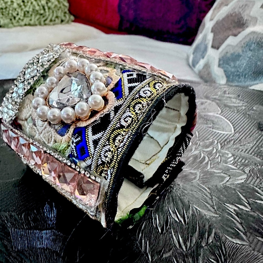 RUBYRUDI Cuff Bracelet Handcrafted OOAK Fabric Embellished Artisan Wearable Art - Picture 8 of 15